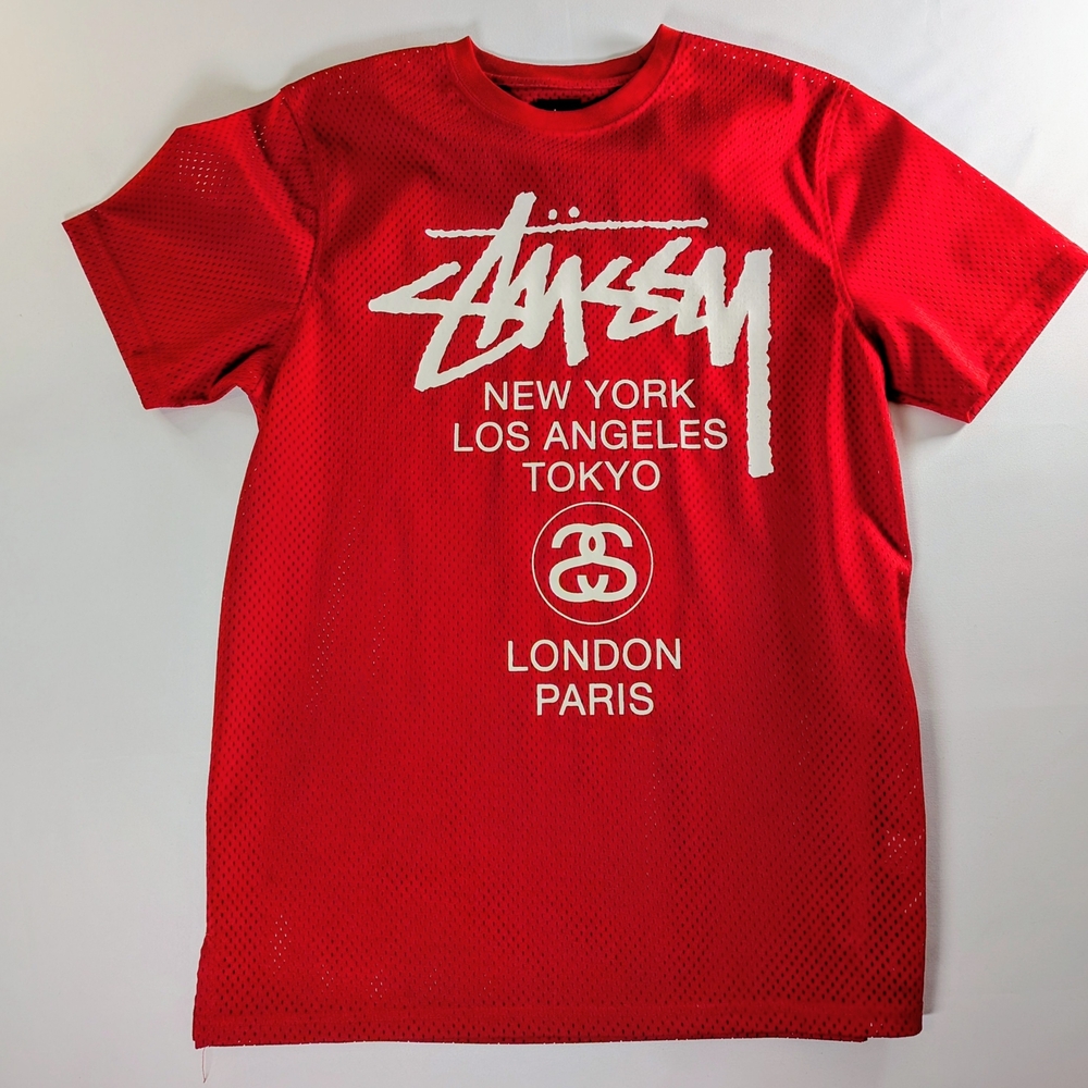 Stussy Mesh T-Shirt Men's S Red White City Logo Streetwear Jersey Tee - Picture 1 of 7